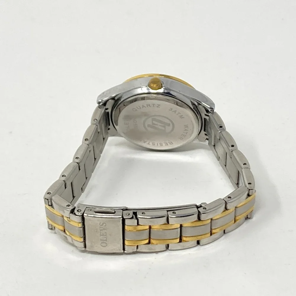 Olevs Women's Watch 29mm Silver Gold Tone Day Date Black Dial New Battery 6.25